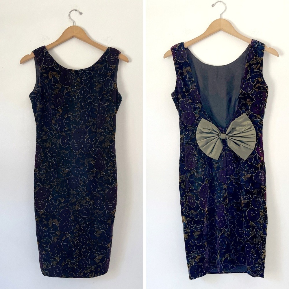 Velvet Floral Dress Sz 4 Low Back Bow Vintage 90s Formal Black Cocktail HOCO